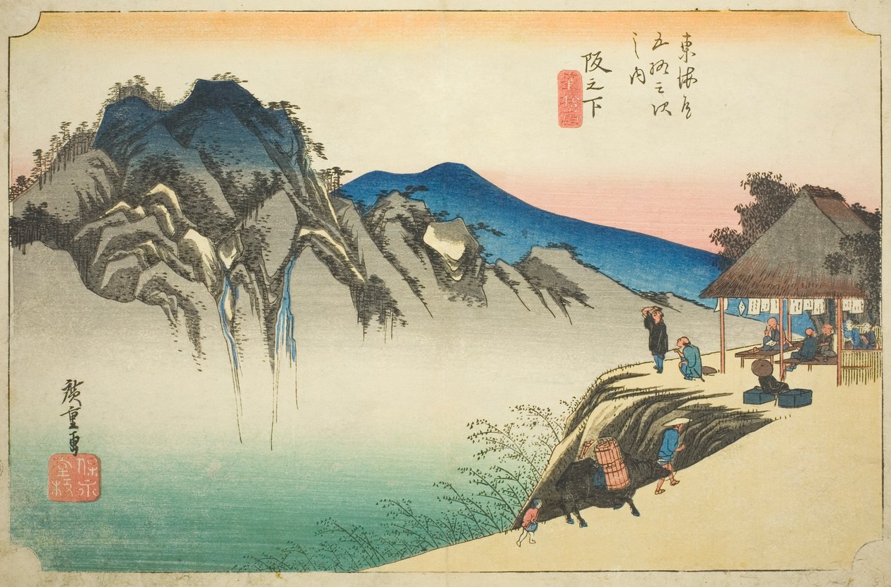 Sakanoshita: Vrchol hory Fudesute (Sakanoshita, důl Fudesute), ze série "Padesát tři stanic Tokaida (Tokaido gojusan tsugi no uchi)", také známý jako Hoeido Tokaido od Utagawa Hiroshige