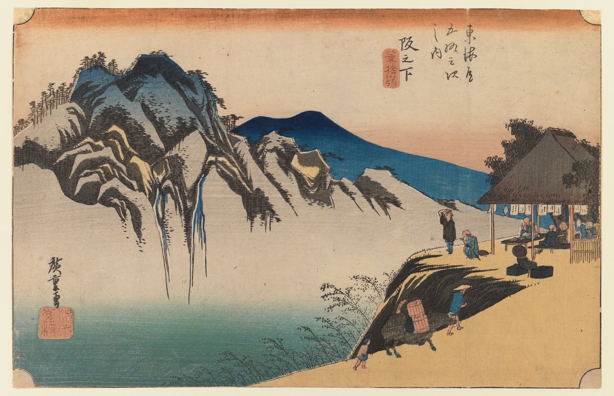 Sakanoshita: The Throwing Away the Brush Peak, deska 49 z první série Tokaido, kolem roku 1834 (barevný dřevořez) od Utagawa Hiroshige