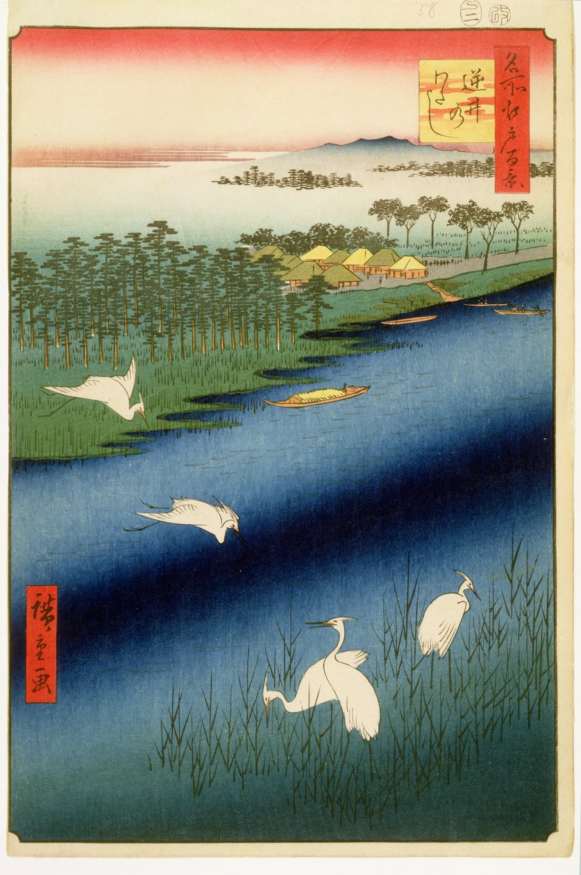 Sakasai Ferry, deska 67 ze série Sto slavných pohledů na Edo, období Edo, éra Ansei, 1857 (dřevotisk) od Utagawa Hiroshige