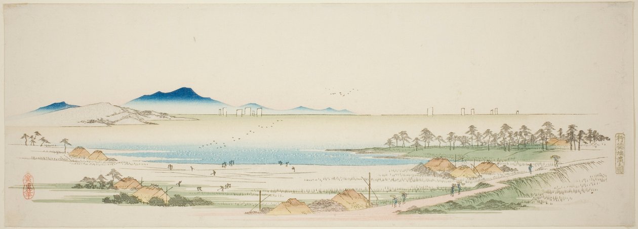 Solná pláž v Gyotoku (Gyotoku shiohama no zu), z nepojmenované série slavných pohledů na předměstí Edo od Utagawa Hiroshige