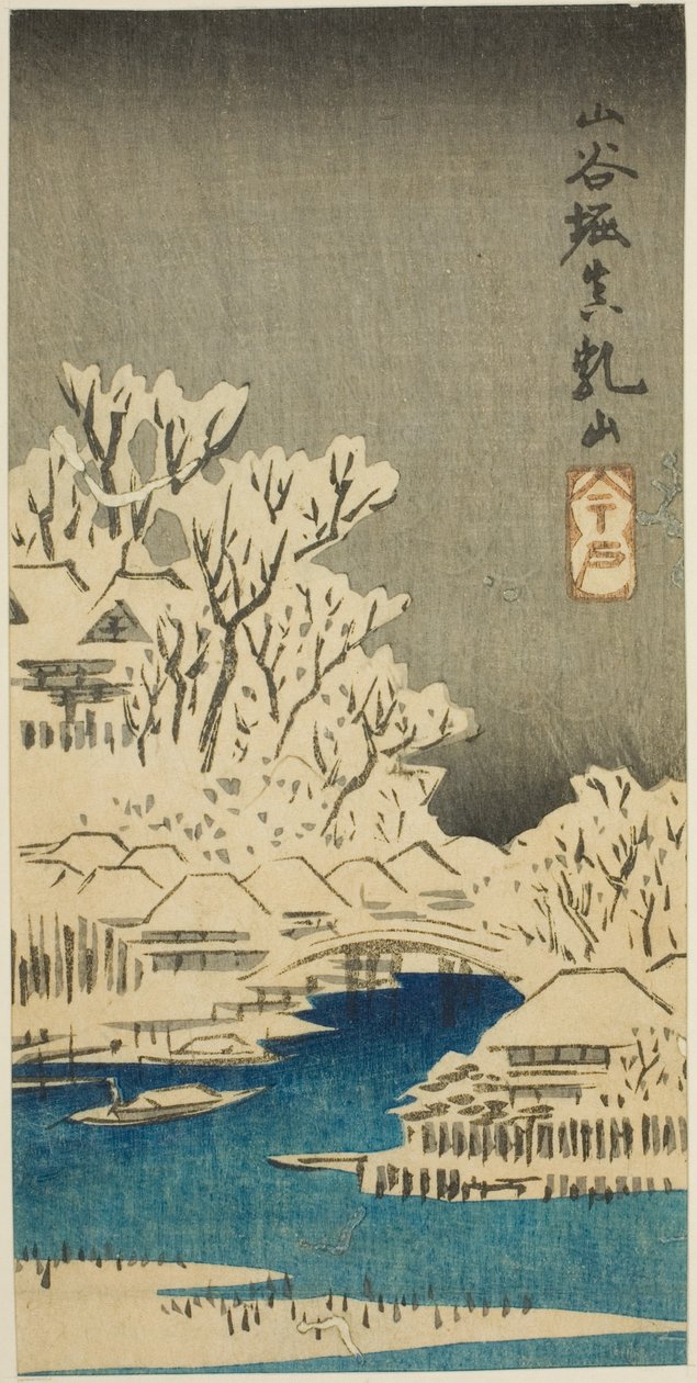 Sanya Canal a Matsuchi Hill (Sanyabori Matsuchiyama), část listu ze série "Vystřihovánky slavných míst v Edo (Harimaze Koto meisho)" od Utagawa Hiroshige