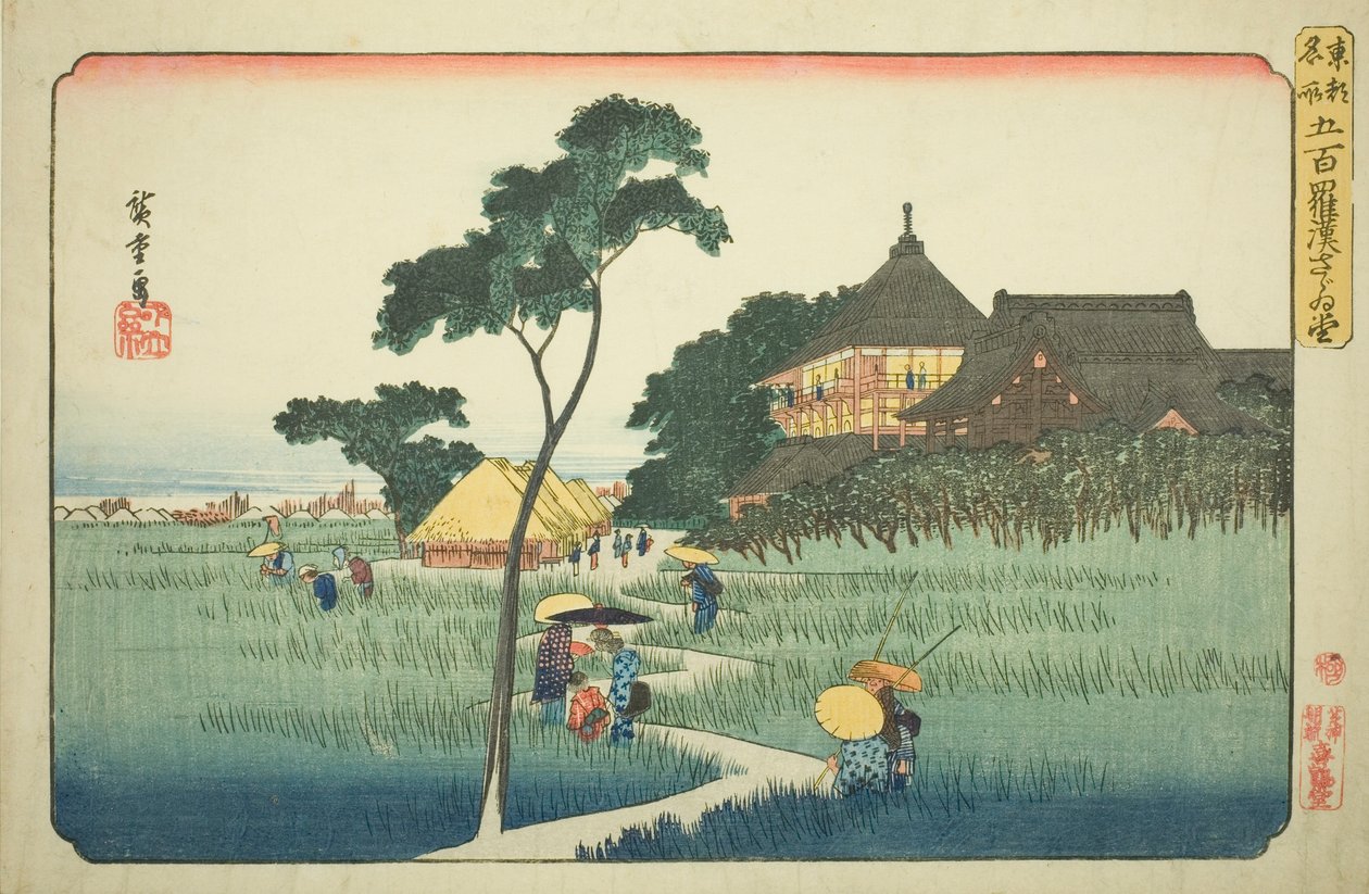 Sazai Hall v Chrámu pěti set Arhatů (Gohyaku rakan Sazaido), ze série „Slavná místa ve východním hlavním městě (Toto meisho)“ od Utagawa Hiroshige