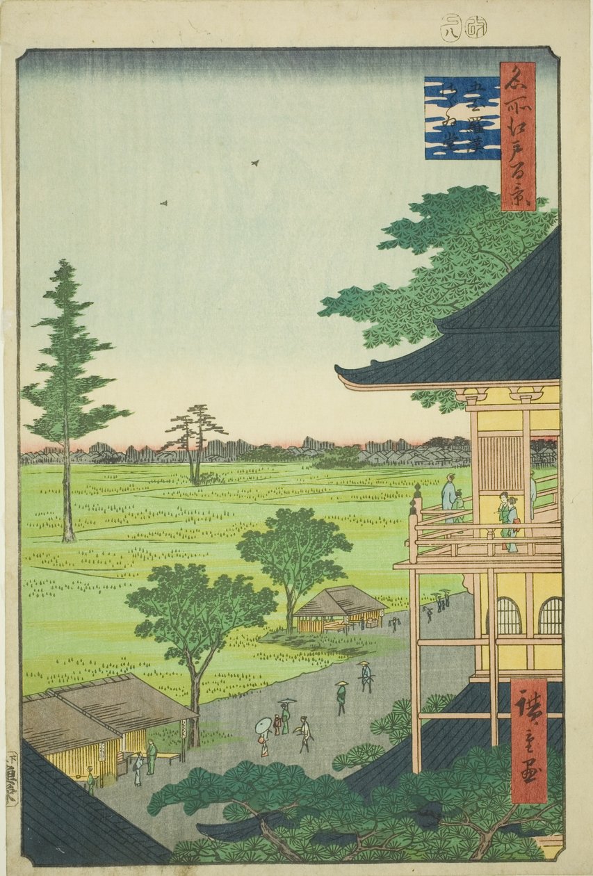 Sazai hall of field financovaný rakkan tempe (gohyaku rakkan sazaid), ze série „jeden financovaný farmářský Ews of Edo od Utagawa Hiroshige
