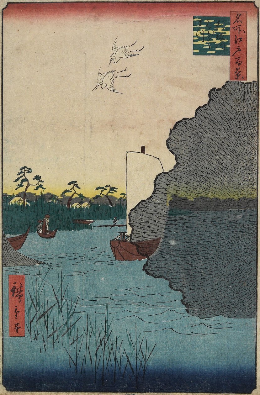 Roztroušené borovice podél řeky Tone, srpen 1856 od Utagawa Hiroshige