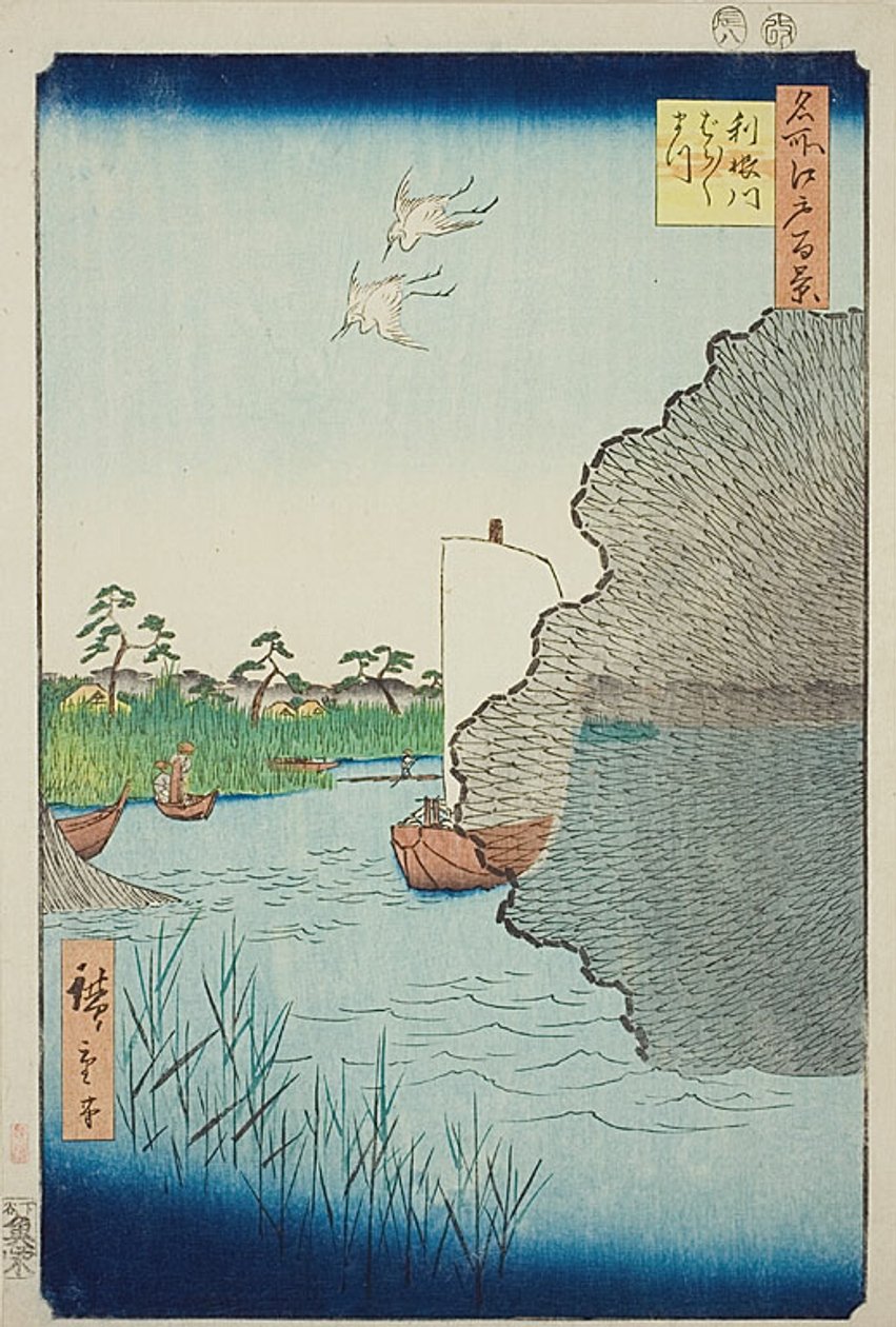 Roztroušené borovice na řece Tone (Tonegawa Barabara-matsu), č. 71 ze série "Sto slavných pohledů na Edo (Meisho Edo hyakkei)". od Utagawa Hiroshige