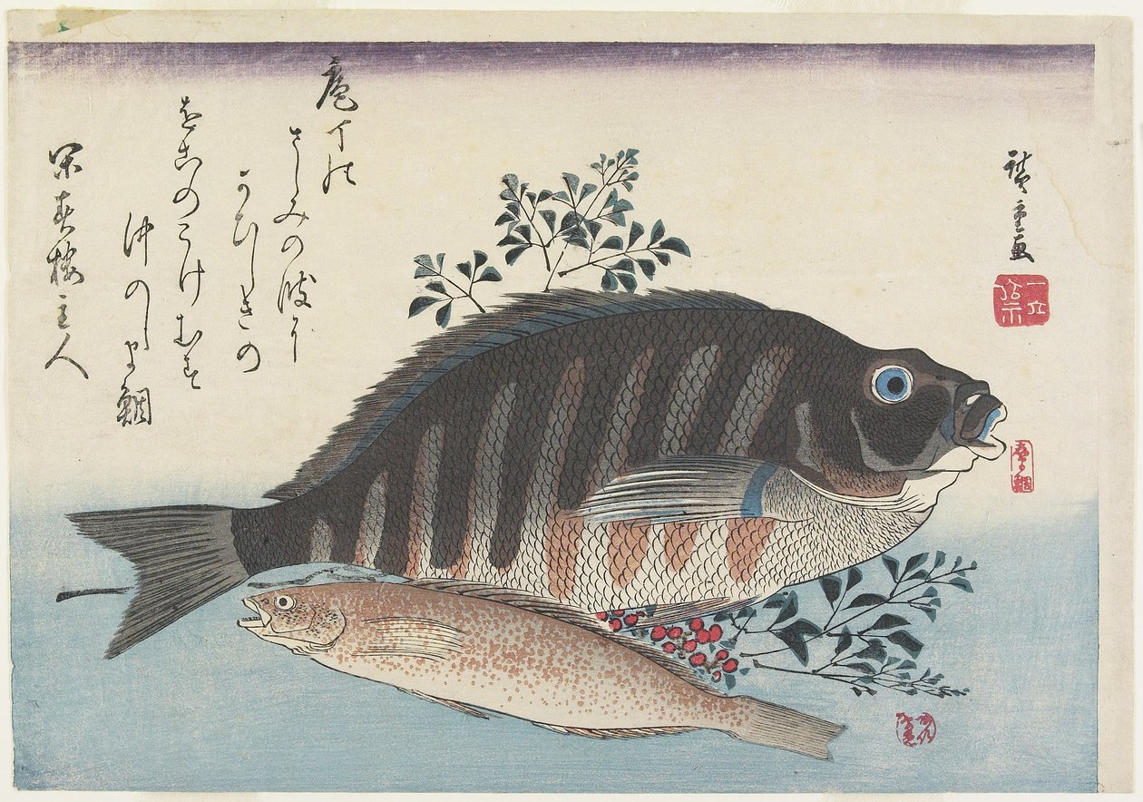 Pražma, sladké ryby a větve Nandiny, c. 1840 od Utagawa Hiroshige