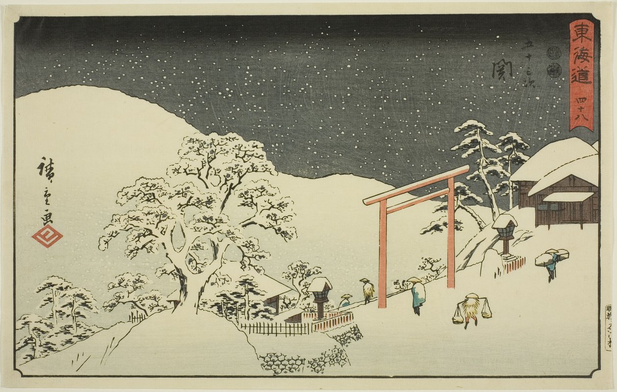 Seki – Ne. 48, ze série „Padesát tři stanic Tokaidó (Tokaido gojusan tsugi), také známé jako Reisho Tokaido od Utagawa Hiroshige