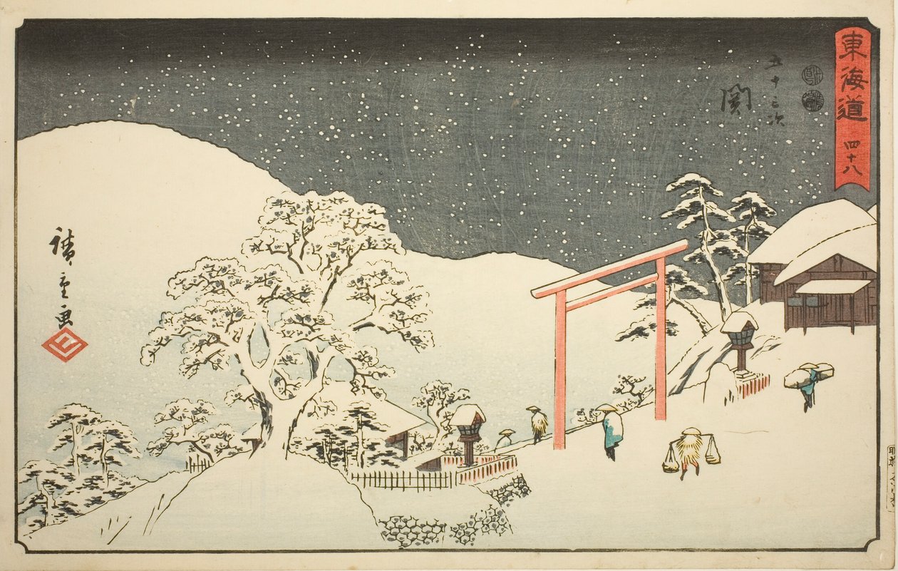 Seki – Ne. 48, ze série „Padesát tři stanic Tokaidó (Tokaido gojusan tsugi), také známé jako Reisho Tokaido od Utagawa Hiroshige