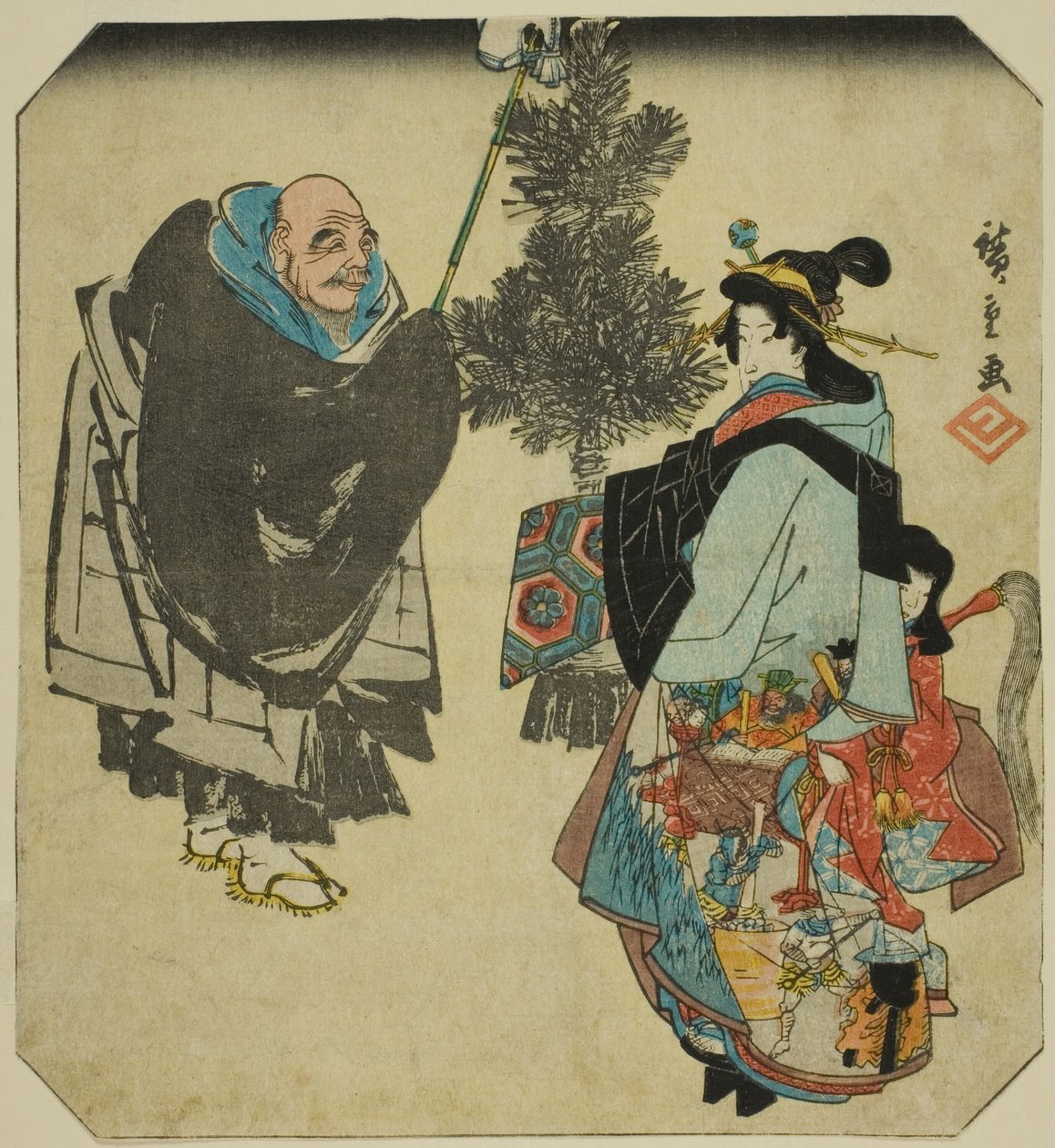 Seki: Kněz Ikkyu a pekelná kurtizána, ze série "Padesát tři párů pro Tokaidskou cestu (Tokaido gojusan tsui)" od Utagawa Hiroshige