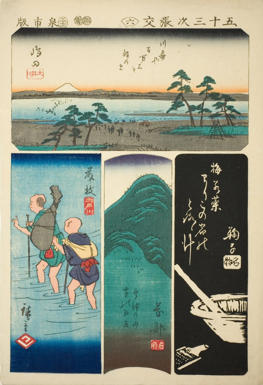 Shimada, Fujieda, Okabe a Mariko, ne. 6 ze série "Vystřihovánky z padesáti tří stanic (Gojusan tsugi harimaze)" od Utagawa Hiroshige
