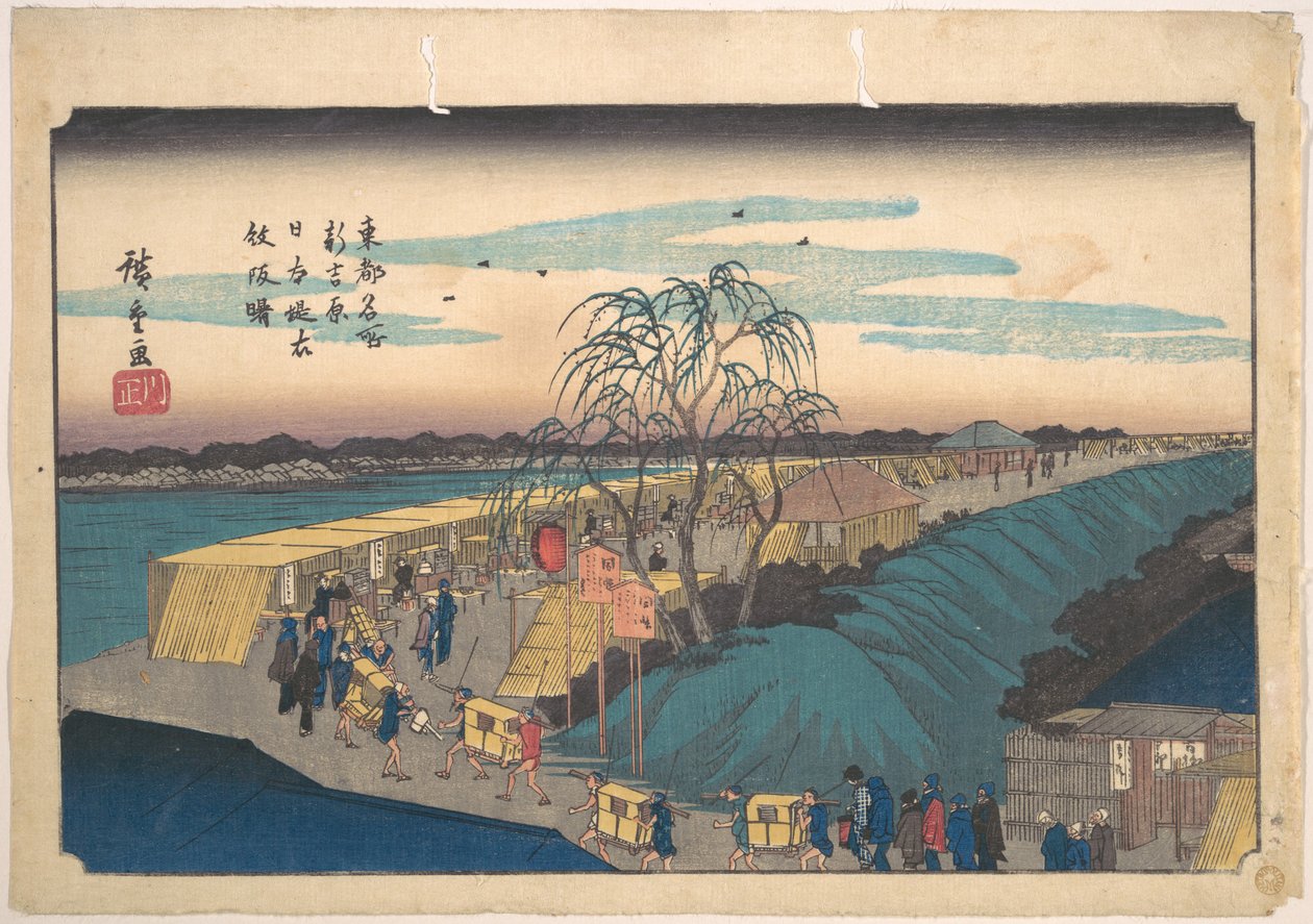 Shin-Jošiwara, nábřeží Nihon, Emonzaka za úsvitu od Utagawa Hiroshige