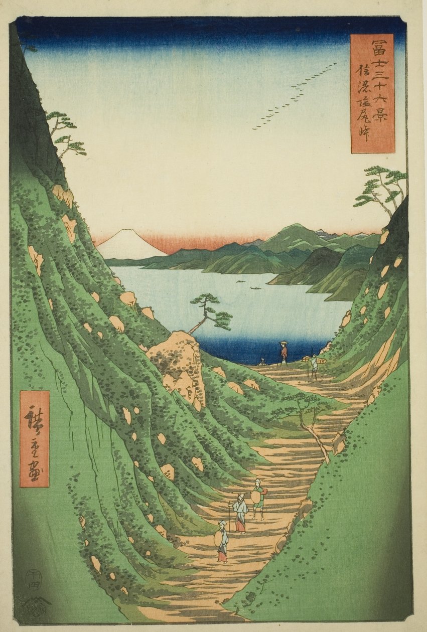 Průsmyk Shiojiri v provincii Shinano (Shinano Shiojiri toge) ze série "Třicet šest pohledů na horu Fuji (Fuji sanjurokkei)" od Utagawa Hiroshige