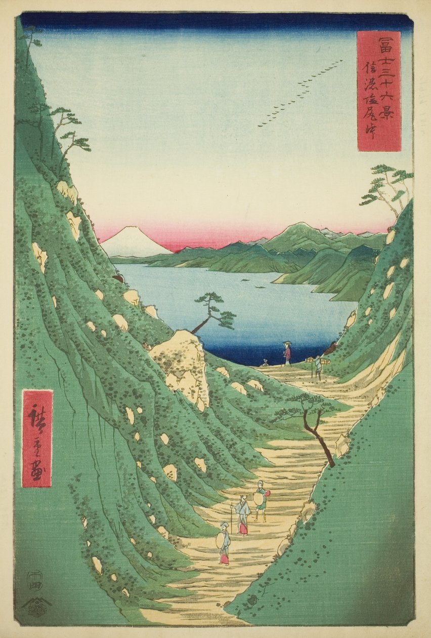 Průsmyk Shiojiri v provincii Shinano (Shinano Shiojiri toge), ze série „Třicet šest pohledů na horu Fuji (Fuji sanjurokkei)“ od Utagawa Hiroshige