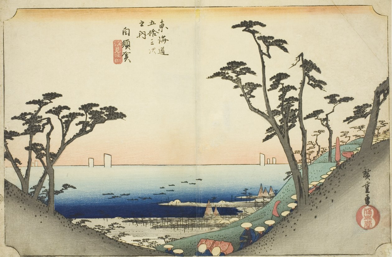 Shirasuka: Pohled na svah Shiomi (Shirasuka, Shiomizaka zu), ze série „Padesát tři stanic Tokaida (Tokaido gojusan tsugi no uchi), také známé jako Hoeido Tokaido od Utagawa Hiroshige