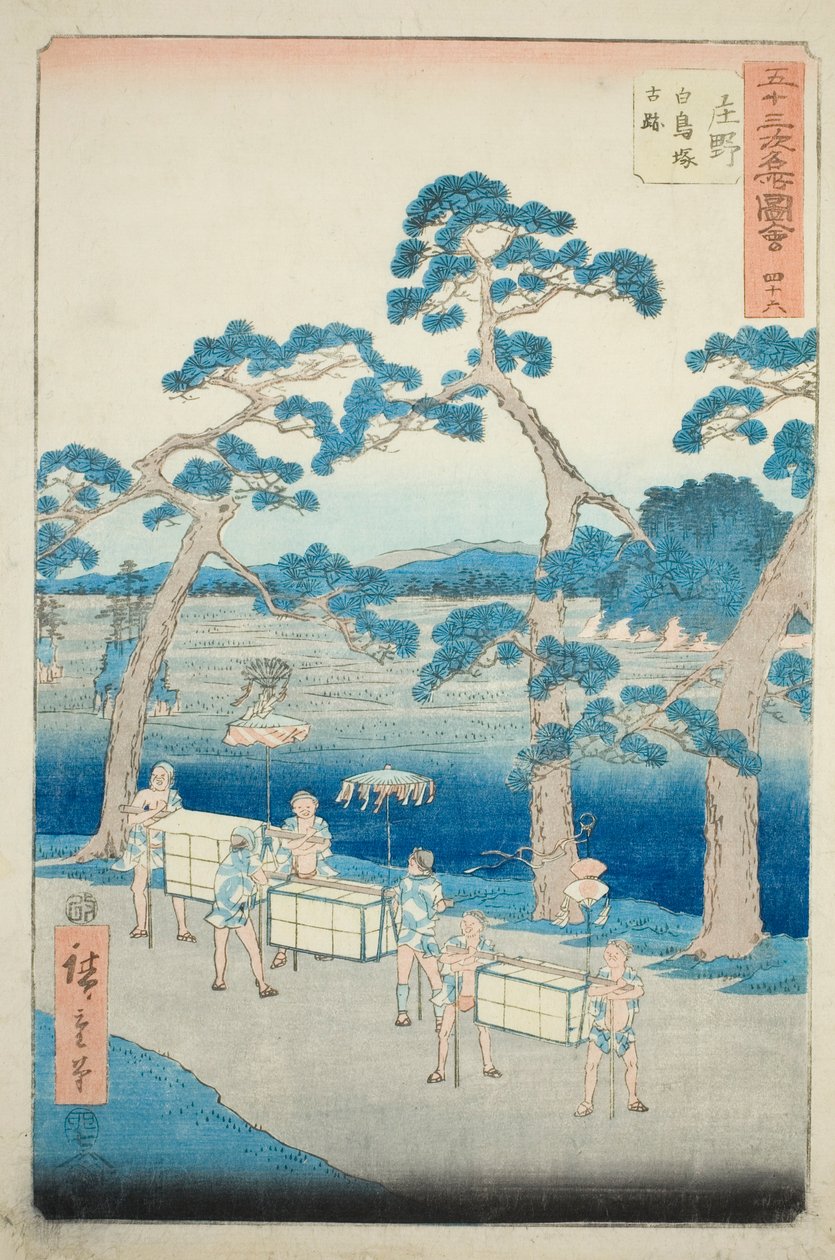 Shono: Ancient Site of Shiratori Mound (Shono, Shiratorizuka koseki), no. 46 ze série „Slavné památky padesáti tří stanic (Gojusan tsugi meisho zue)“, známé také jako Vertikální Tokaidó od Utagawa Hiroshige
