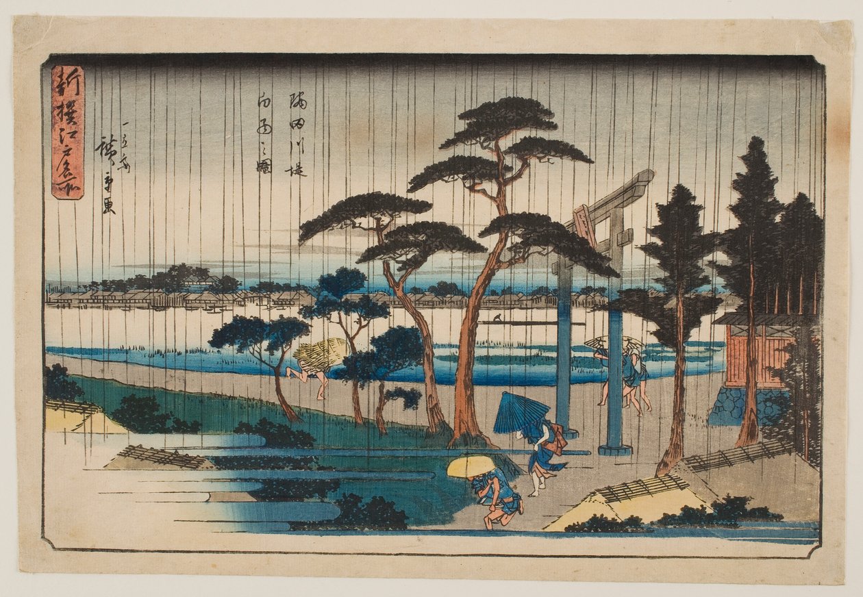 Sprcha na nábřeží řeky Sumida, ze série „Nový výběr slavných míst v Edu“ od Utagawa Hiroshige
