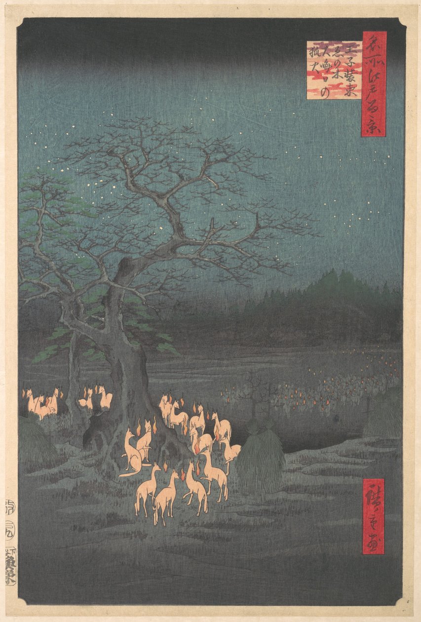 Strom Shozokuenoki v Ódži: liščí ohně na Silvestra od Utagawa Hiroshige