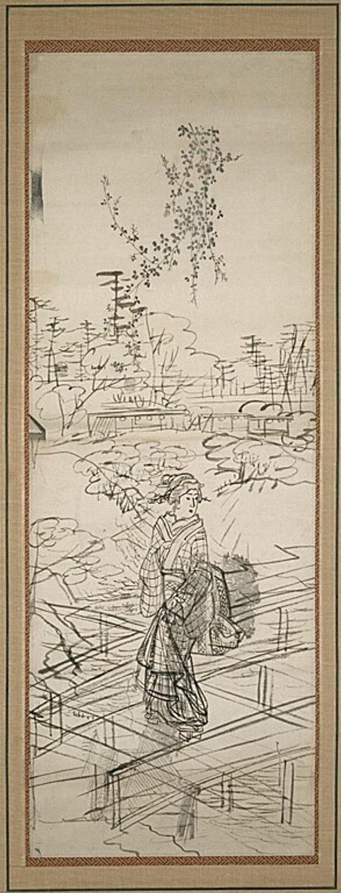 Skica ženy přecházející most od Utagawa Hiroshige