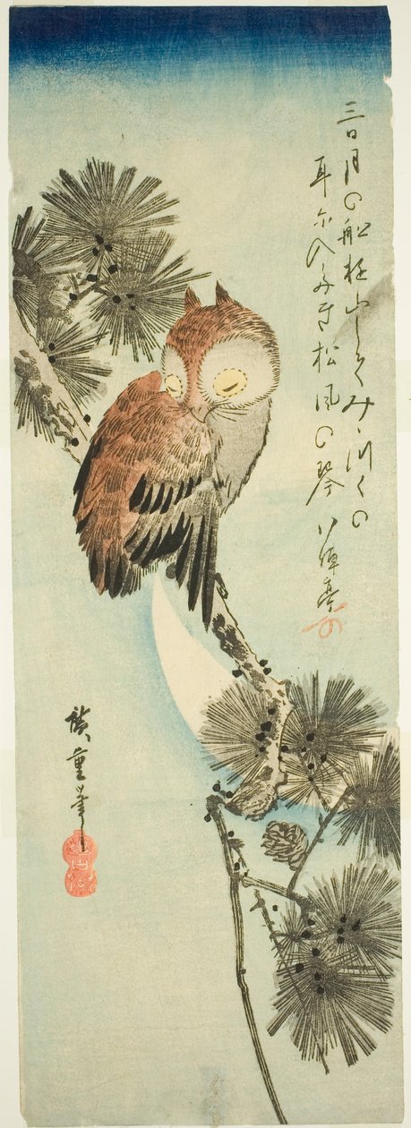 Sova malorohá, borovice a půlměsíc od Utagawa Hiroshige