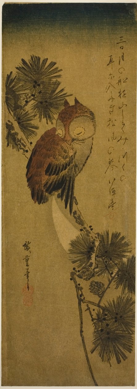 Sova malorohá, borovice a půlměsíc od Utagawa Hiroshige