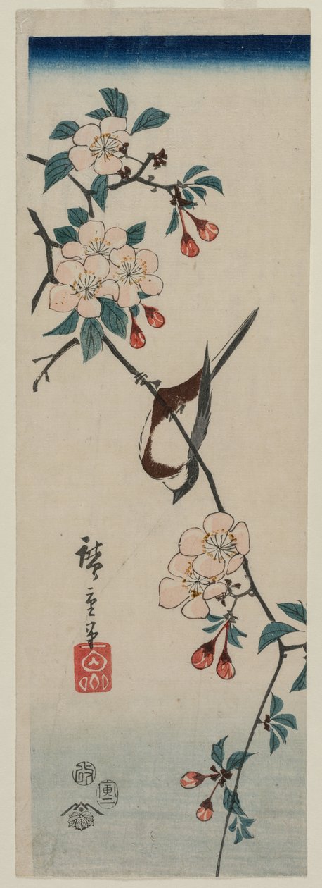 Malý pták (vlaštovka?) na třešňové větvi od Utagawa Hiroshige