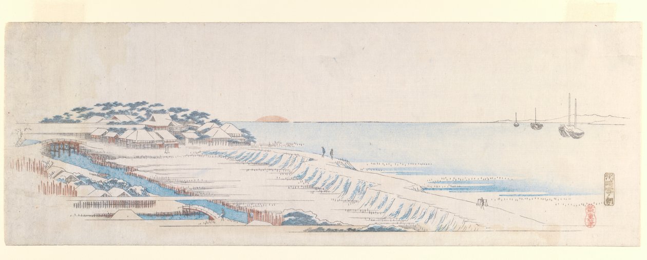 Snow Dawn at Susaki, ze sady Letter-Sheet, cca 1839-40 (barevný dřevotisk) od Utagawa Hiroshige