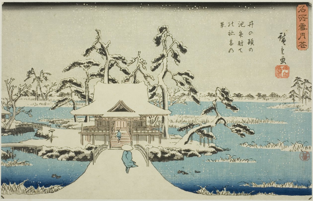 Sníh ve svatyni Benzaiten v rybníku Inokashira (Inokashira no ike Benzaiten no yashiro yuki no kei), ze série „Sníh, měsíc a květiny na známých místech (Meisho setsugekka)“ od Utagawa Hiroshige