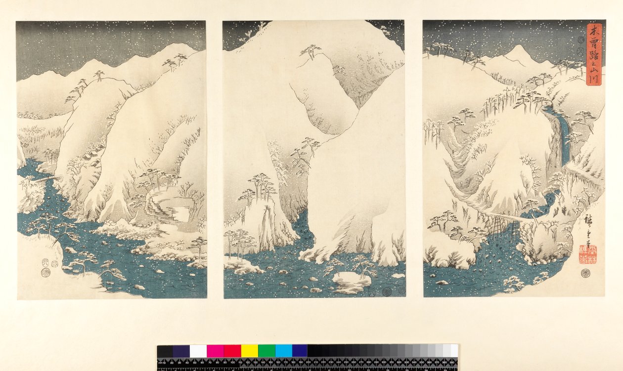 Sněhová bouře v horách a řekách Kiso, (sanmaitsuzuki - triptych, joko-e - horizontální formát, barevný dřevoryt) od Utagawa Hiroshige