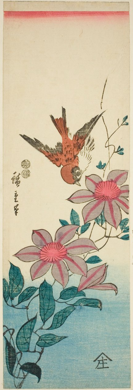 Vrabec a plamének od Utagawa Hiroshige