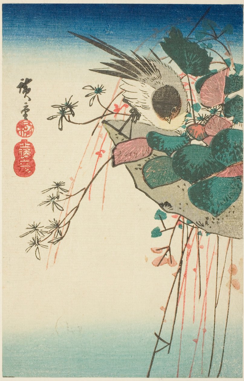Vrabec na závěsném květináči od Utagawa Hiroshige