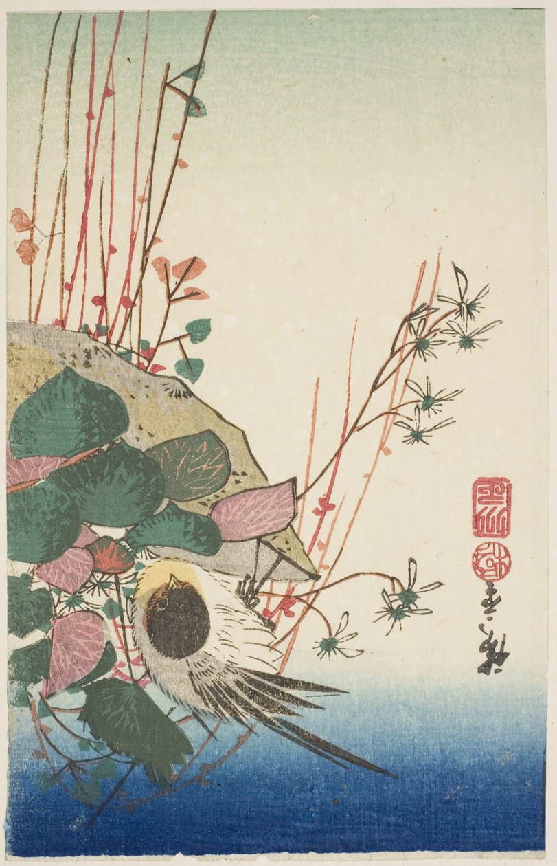 Vrabec na závěsném květináči od Utagawa Hiroshige