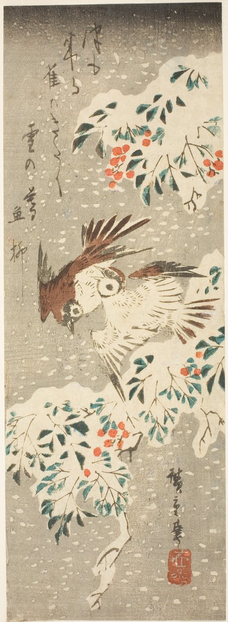 Vrabci poletují po zasněžené Nandině a padá další sníh od Utagawa Hiroshige