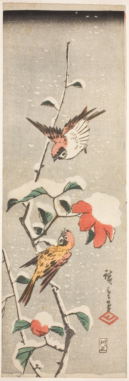 Vrabci a kamélie ve sněhu od Utagawa Hiroshige