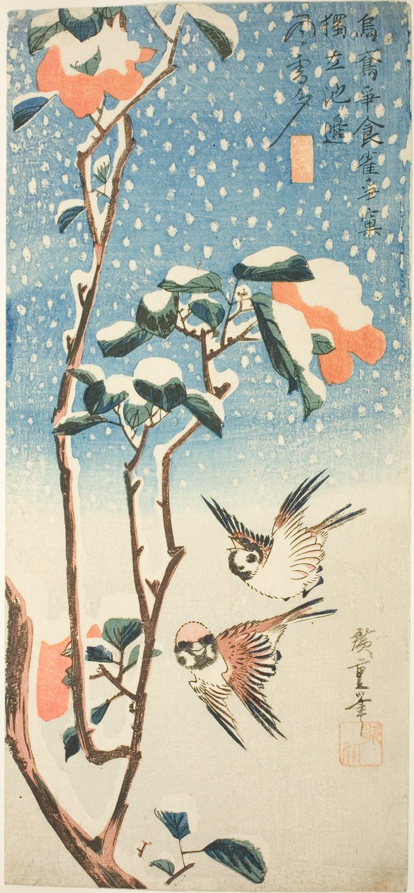 Vrabci a kamélie ve sněhu od Utagawa Hiroshige