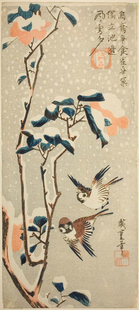 Vrabci a kamélie ve sněhu od Utagawa Hiroshige