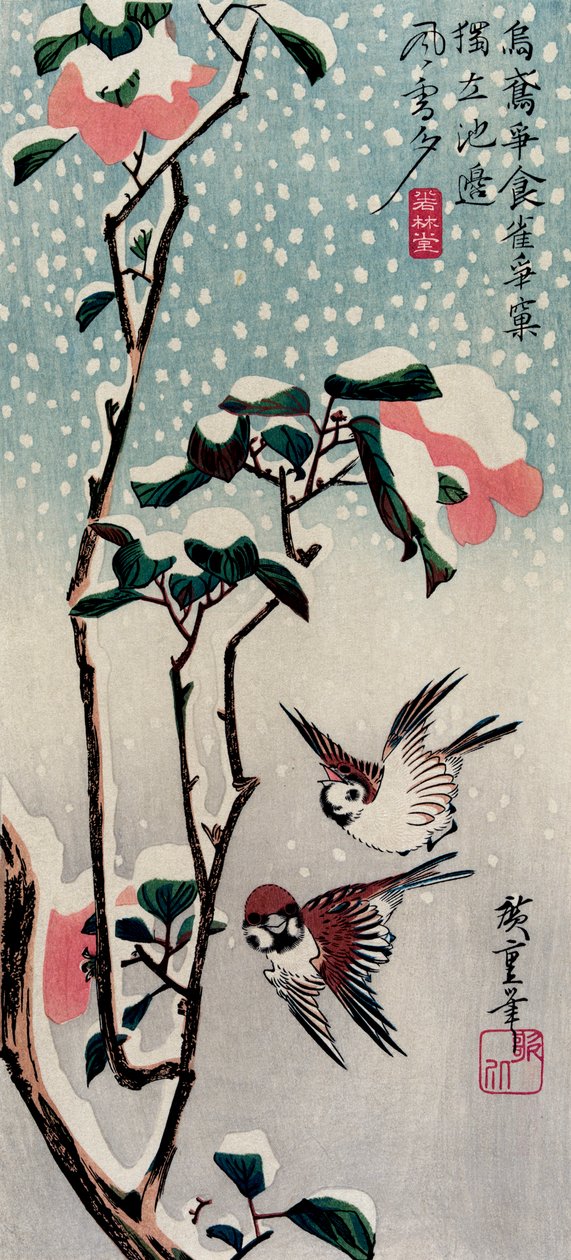 Vrabci a kamélie ve sněhu, 30. léta 19. století. od Utagawa Hiroshige