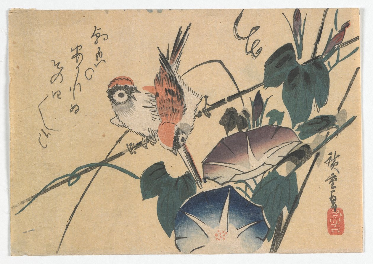 Vrabci a svlačec, období Edo, konec 30. let 19. století (barevný dřevotisk) od Utagawa Hiroshige