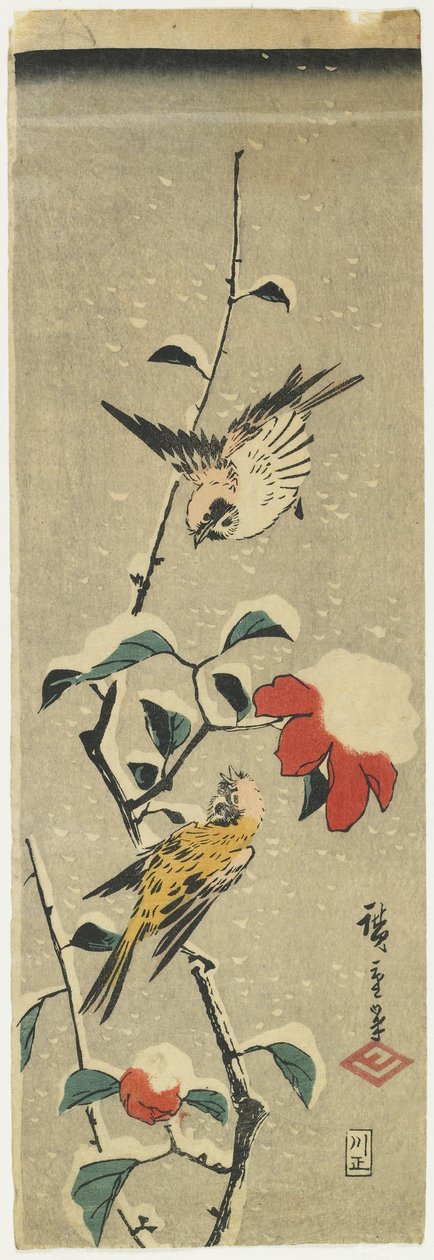 Vrabci a sněžná kamélie, 1837-1848 od Utagawa Hiroshige