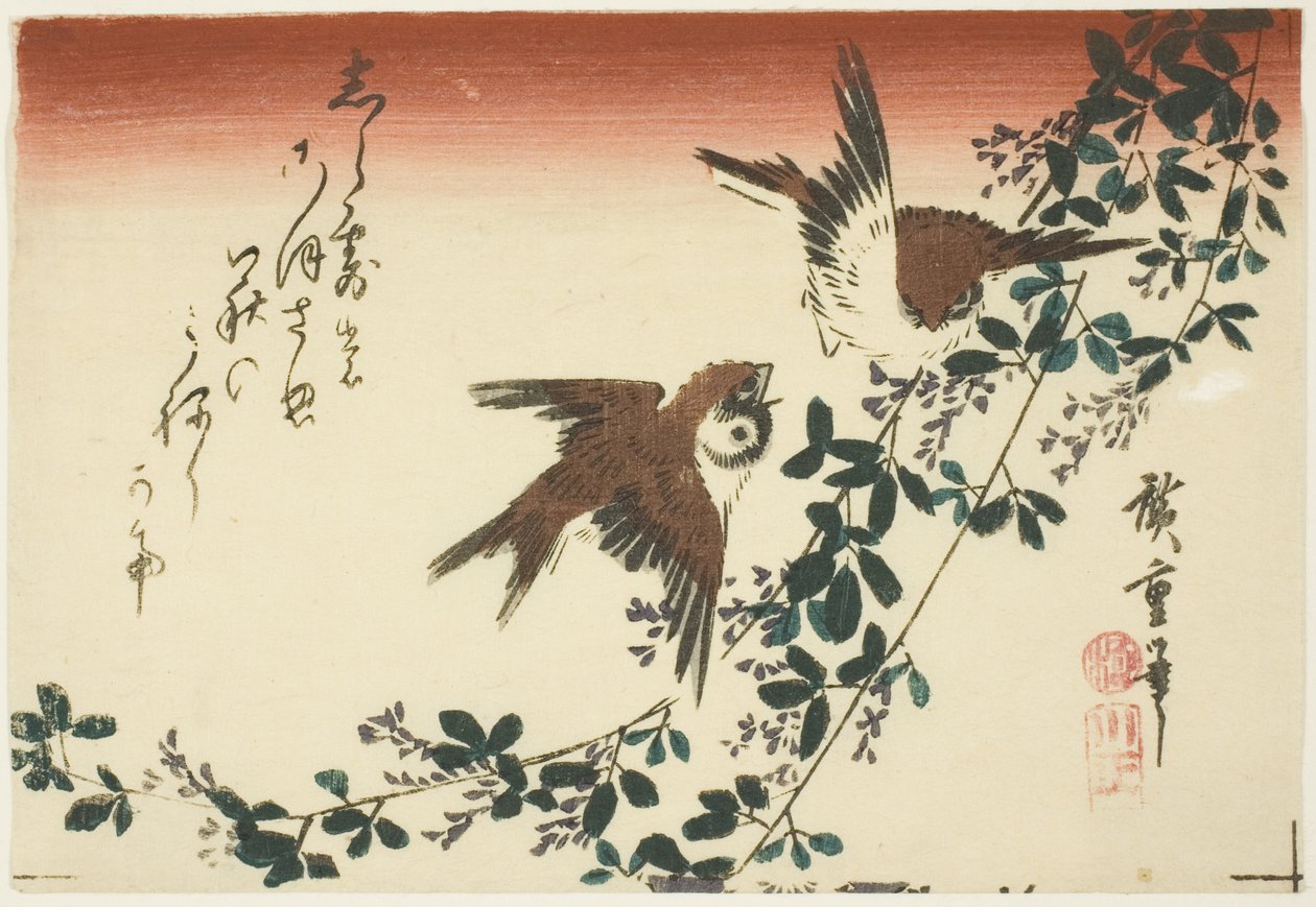 Vrabci a jetel keř od Utagawa Hiroshige