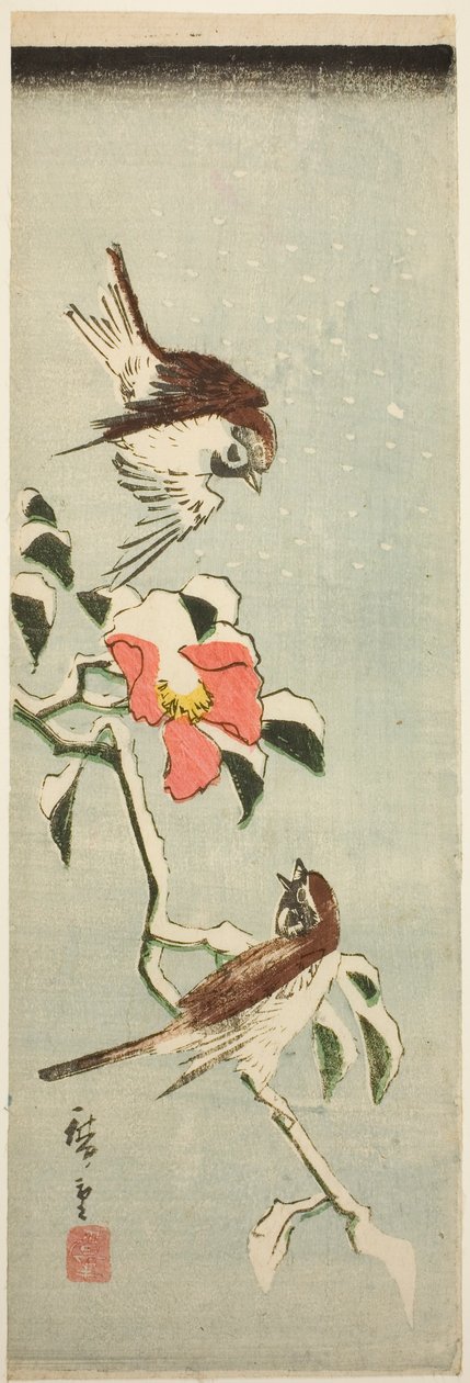 Vrabci a kamélie ve sněhu od Utagawa Hiroshige