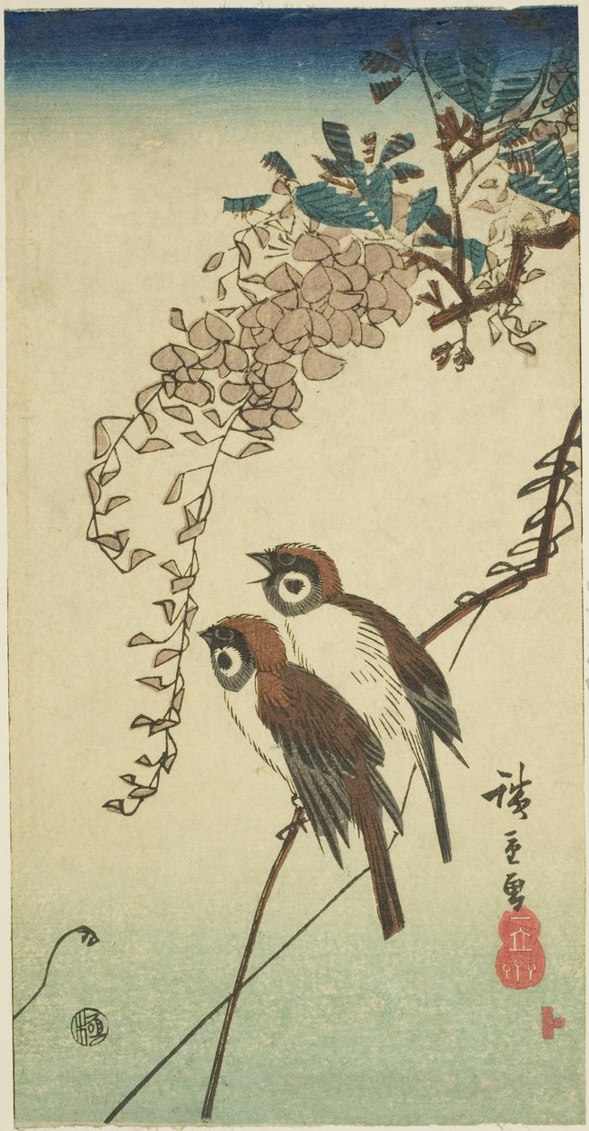 Vrabci a vistárie od Utagawa Hiroshige