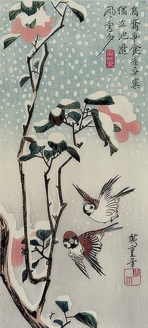 Vrabci a kamélie ve sněhu od Utagawa Hiroshige