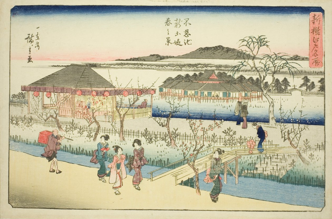 Jarní pohled na nové nábřeží u rybníka Shinobazu (Shinobazu ike shin dote haru no kei), ze série "Nově vybraná slavná místa v Edo (Shinsen Edo meisho)" od Utagawa Hiroshige