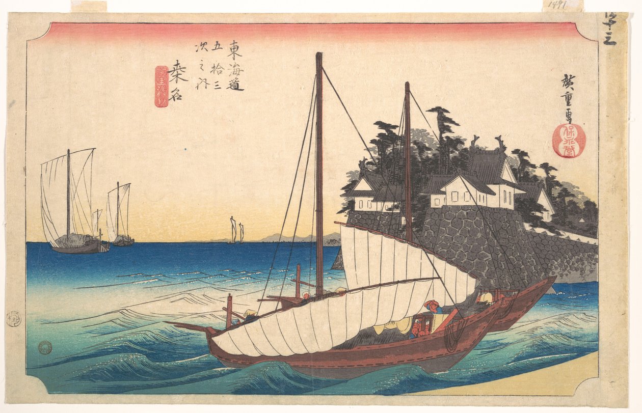 Stanice čtyřicet tři: Kuwana, přívoz na sedm ri v přístavu, z Padesáti tří stanic Tokaida od Utagawa Hiroshige