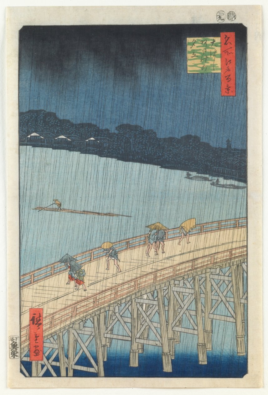 Náhlá sprcha přes most Óhashi a Atake, ze série „Sto slavných pohledů na Edo“ od Utagawa Hiroshige