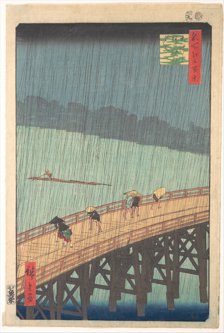 Náhlá přeháňka nad mostem Šin-Óhaši a Atake (Óhaši Atake no jūdachi), ze série „Sto slavných výhledů na Edo“ (Meišó Edo hyakkei) od Utagawa Hiroshige