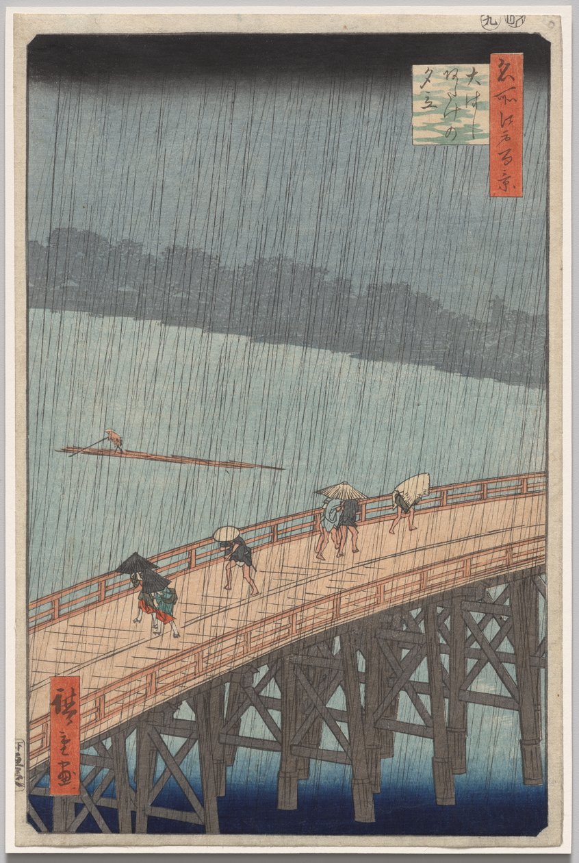 Náhlá sprcha přes most Shin-Ohashi a Atake, ze série Sto slavných pohledů na Edo od Utagawa Hiroshige