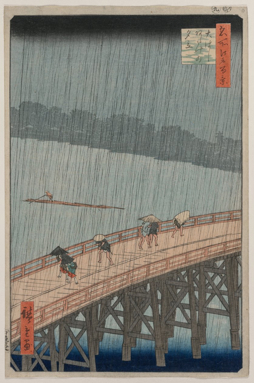 Náhlá sprcha přes most Shin-Ohashi a Atake, ze série Sto slavných pohledů na Edo od Utagawa Hiroshige