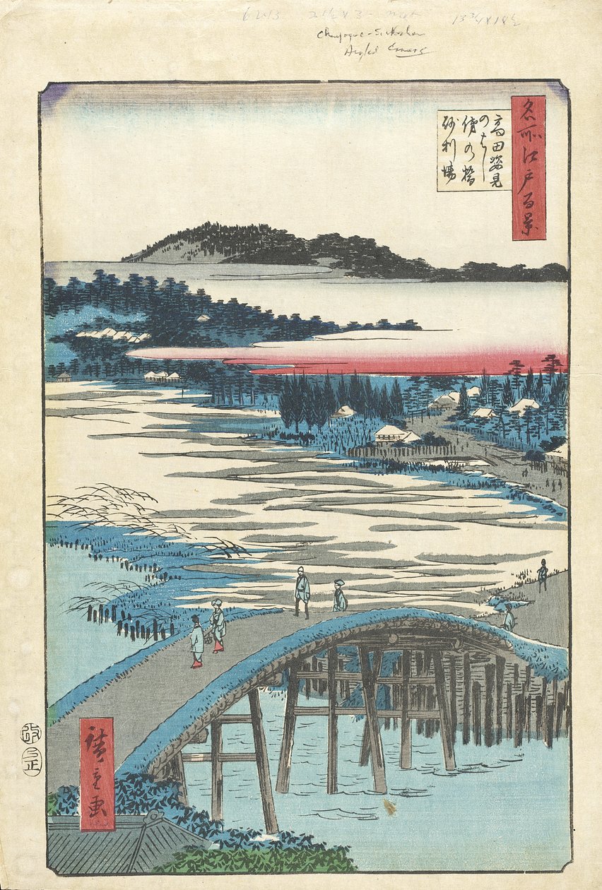 Most Sugatami, most Omokage a Jariba v Takata od Utagawa Hiroshige