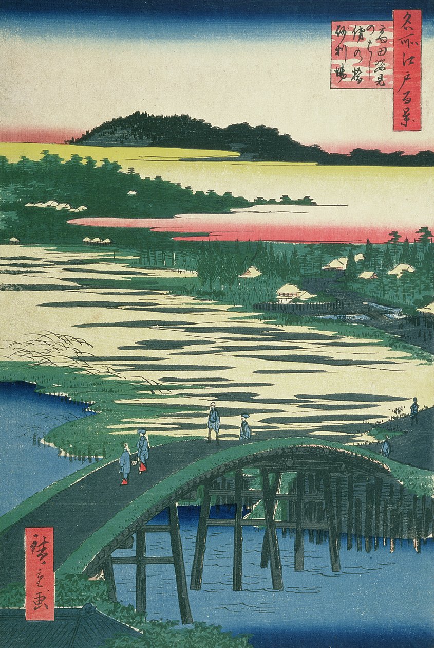 Most Sugatami, most Omokage a Jariba u Takata, ze série „Sto slavných pohledů na Edo“, 1857 (barevný dřevotisk) od Utagawa Hiroshige